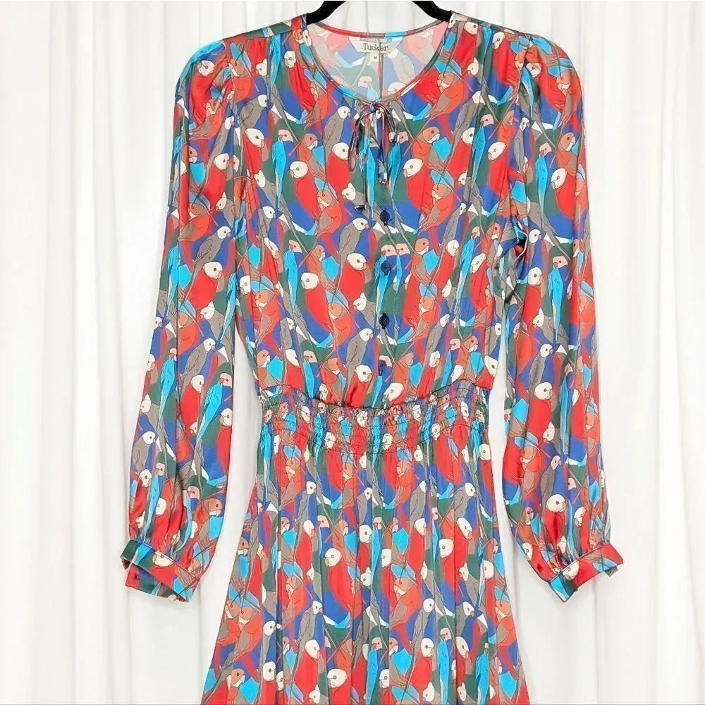 Tucker Juliette Dress Deco Parrot in Silk Stretch Charmeuse Bird Print Midi